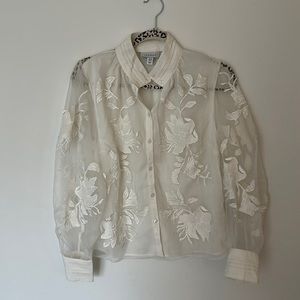 White Topshop embroidered button up with sheer sleeves